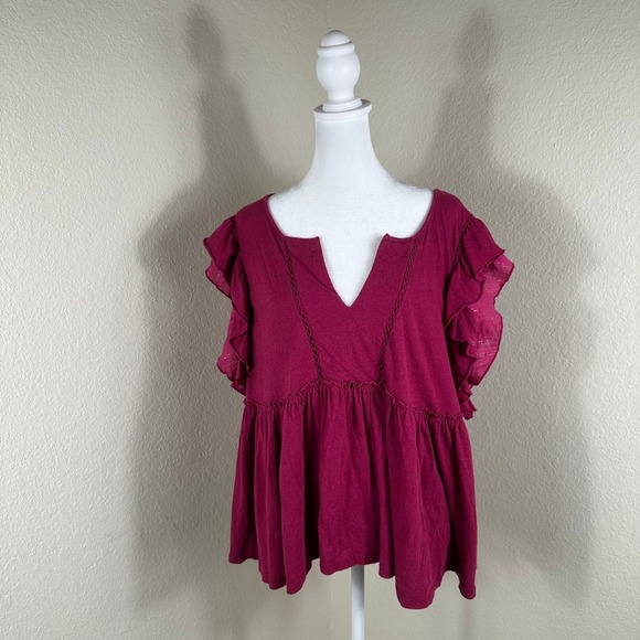 Anthropologie Tops - Anthropologie Caroline Ruffled Babydoll Top Women XL‎ Magenta Boho Blouse Peplum